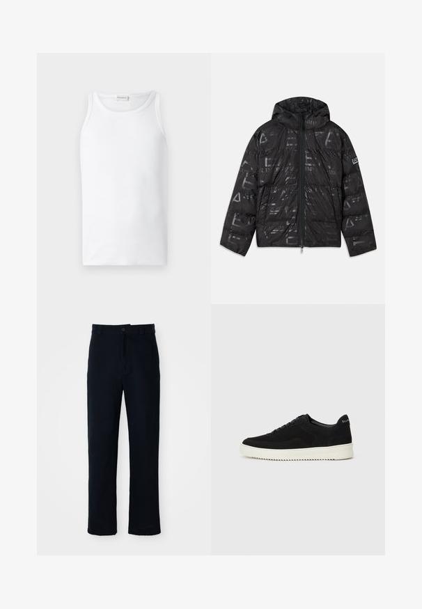 Juodas pūkinis švarkas su blizgiu, raštuotu paviršiumi. turi priekines užtrauktuką, reguliuojamą kapučą ir logotipo akcentus ant rankovės.; Baltos palaidinės viršus, pagamintas iš dryžuoto medvilninio audinio, su apvalia iškirpte ir be rankovių dizainu, sklandžiu paviršiumi ir nematomais raštais.; Tamsiai mėlynos medvilninės kelnės, turinčios tiesioginį kirpimą, priekyje užsegamos mygtuku ir klasikine juosta su dirželio kilpom.; Juodos veliūrinės sportinės bateliai su raištelių dizainu ir kontrastinga balta gumine padais. Yra tekstūruoti šoniniai skydeliai ir subtilus logotipas ant kulno.