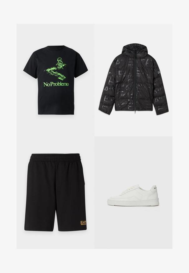 Jachetă puffer neagră cu un finisaj lucios și modelat. Are un fermoar frontal, glugă cu șnur și accente cu logo pe mânecă.; Tricou din bumbac negru cu un grafic cu extratereștri verzi și textul "No Problemo", cu o croială lejeră și mâneci scurte.; Shorts atletici negri dintr-un material moale, având o talie elastică și un mic logo galben EA7 pe partea inferioară a piciorului stâng.; Sneakers din piele albă cu un finisaj neted, vârf rotund, șireturi plate și o talpă texturată. Prezintă un logo subtil pe călcâi.