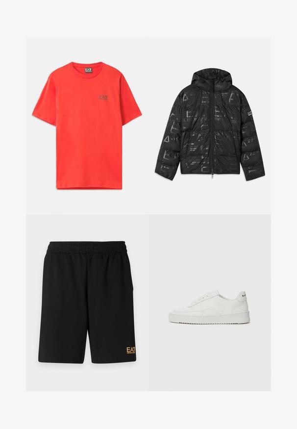 Fekete puffer kabát fényes, mintás felülettel. Elülső cipzárral, állítható kapucnival és logóval díszített ujjal rendelkezik.; Piros pamut póló rövid ujjakkal, a bal mellrészén fekete EA7 logóval, klasszikus kerek nyakkivágással.; Fekete sportnadrág puha anyagból, rugalmas derékkal és egy kis sárga EA7 logóval a bal alsó lábszáron.; Fehér bőr sportcipő sima felülettel, kerek orral, lapos fűzőkkel és texturált talppal. Finom logó található a sarokon.