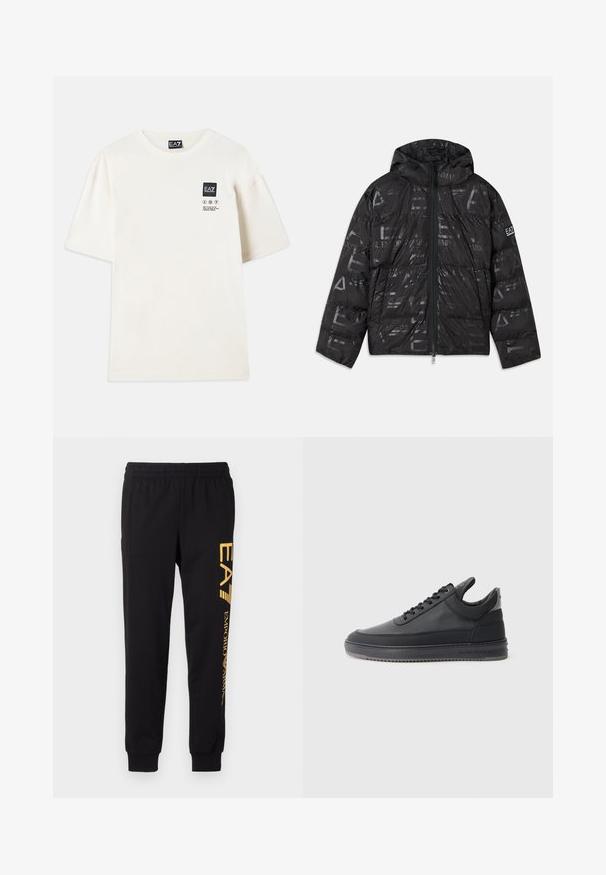 Chaqueta de plumas negra con un acabado brillante y con estampado. Cuenta con una cremallera frontal, capucha con cordón y detalles del logotipo en la manga.; Camiseta de manga corta en algodón color blanco roto, con un parche rectangular negro de logo y las instrucciones de cuidado impresas en negro en el pecho.; Chandal negro hecho de tela suave, con cinturilla elástica y tobillos ajustados. Marca amarilla impresa verticalmente en la pierna izquierda.; Zapatillas de cuero negro con una superficie texturizada, diseño de cordones, parte superior baja y una suela de goma gris con un borde estriado.