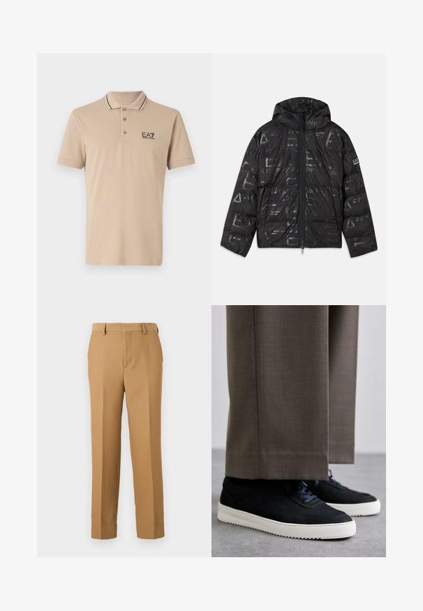 Svart jakke med pufferdesign og blank, mønstrete overflate. Har en frontglidelås, snøring på hetten og logo detaljer på ermet.; Beige polo-skjorte laget av bomull, med svart ribbestrikket krage, tre knappelukkinger og EA7-logo. Glatt tekstur med korte ermer.; Beige dressbukser laget avvevd stoff, med rett snitt, flat front og beltehemper. Glatt tekstur uten synlige mønstre.; Svarte suedeglans sneakers med hvite gummisåler, med rund tå og lisser, iført grå skreddersydde bukser.