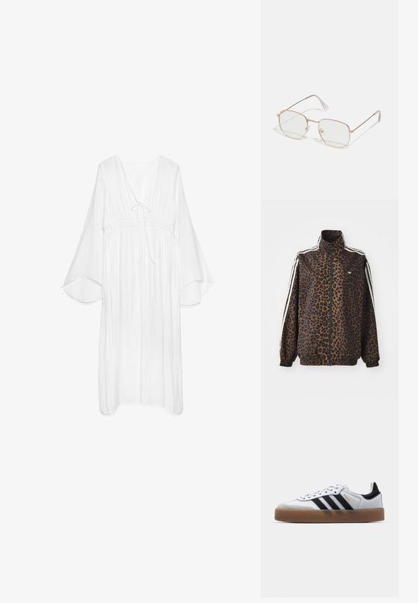 Giacca zip con stampa leopardata in marrone e nero, con strisce bianche ai lati, colletto alto e polsi e orlo elasticizzati. Materiale sintetico liscio.; Abito bianco leggero con scollatura a V, vita arricciata e maniche a campana fluide. Tessuto strutturato con dettaglio a fiocco sul collo.; Sneakers bianchi in pelle con strisce nere, suola in gomma naturale, punta tonda, chiusura con lacci e cappuccio in suede grigio morbido.; Occhiali rettangolari con una sottile montatura in metallo color oro rosa. Lenti trasparenti, punte delle aste trasparenti e dettagli delicati attorno alle lenti.; Borsa bianca con superficie liscia e lucida, forma curva e una sola tracolla regolabile. Presenta un logo impresso sul davanti.