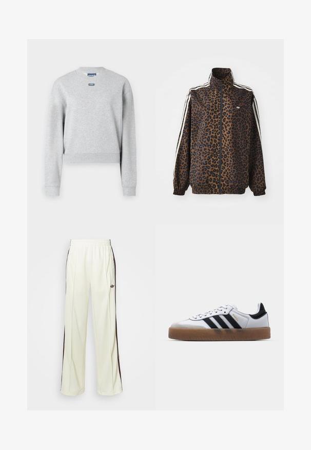 Kamelikuvioinen vetoketjuntakki ruskeana ja mustana, jossa on valkoiset sivuraitat, korkea kaulus sekä joustavat hihansuut ja helma. Sileä, synteettinen materiaali.; Harmaa huppari pyöreällä kaula-aukolla, pitkät hihat ja ribbaatut hihansuut. Siinä on pieni sininen logo-tarra yläosassa edessä. Pehmeä materiaali.; Kermanväriset collegehousut rentossa leikkauksessa, joissa on tummanruskeat sivuraidat ja brodattu logo vasemmassa reisissä.; Valkoiset nahkakengät, joissa on mustat raidat, kumipohja, pyöreä varvas, nauhakiinnitys ja pehmeä harmaa mokkanahkakärki.