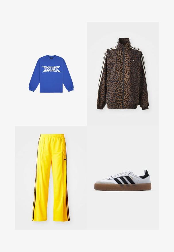 Chaqueta con estampado de leopardo en marrón y negro, con franjas laterales blancas, cuello alto y puños y dobladillo elásticos. Material sintético suave.; Sudadera azul de manga larga hecha de algodón, con un audaz diseño de texto gráfico en blanco en la parte frontal y con cuello y puños acanalados.; Pantalones deportivos amarillos con rayas laterales negras y una cintura elástica. Hechos de un material suave y ligero. Presenta un logo en el muslo.; Zapatillas de cuero blancas con rayas negras, suela de goma, puntera redonda, cierre de cordones y caperuza de ante gris suave.