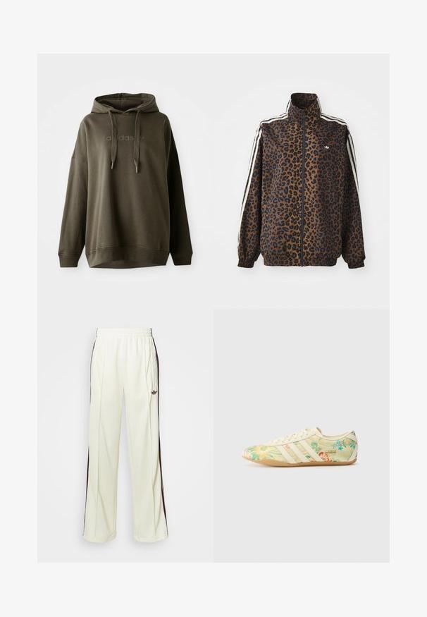 Hnedá a čierna mikina so zipsom s leopardím vzorom, ktorá má biele bočné pruhy, vysoký golier a elastické manžety a spodný lem. Hladký syntetický materiál.; Tmavý olivovo zelený mikina vyrobená z mäkkej bavlnenej zmesi, s prednou klokankou, šnúrkou na kapucni a embosovaným logom na hrudi.; Krémové mikinové nohavice s voľným strihom, so tmavohnedými bočnými pruhmi a vyšitým logom na ľavom stehne.; adidas Originals TOKYO X LIBERTY LONDON - Tenisky - cream white/gold-coloured/gum
