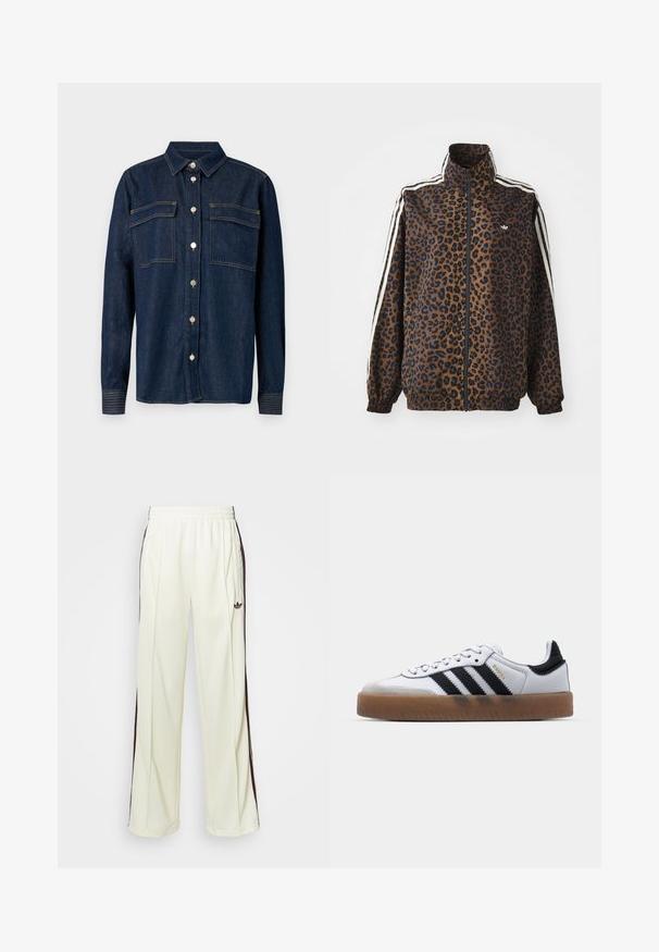 Lepardmønstret zip-jakke i brun og sort, med hvide sidelister, høj krave og elastiske manchetter og kant. Glat, syntetisk materiale.; Mørk denimskjorte med krage, to brystlommer og metalliske knapper. Har kontrastsøm og lange ermer med knappedempere.; Kremfargede joggebukser med en avslappet passform, som har mørkebrune sidestriper og en brodert logo på venstre lår.; Hvite lær sneakers med svarte striper, gummisåle, rund tå, snøring, og myk grå semsket tåhette.