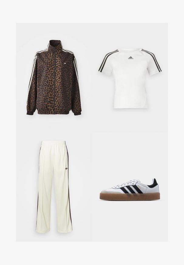 Giacca zip con stampa leopardata in marrone e nero, con strisce bianche ai lati, colletto alto e polsi e orlo elasticizzati. Materiale sintetico liscio.; Maglietta atletica bianca a maniche corte con design a tre strisce nere sulle spalle, texture liscia e piccolo logo adidas nero sul petto.; Pantaloni sportivi color crema con vestibilità rilassata, caratterizzati da strisce laterali marrone scuro e un logo ricamato sulla coscia sinistra.; Sneakers bianchi in pelle con strisce nere, suola in gomma naturale, punta tonda, chiusura con lacci e cappuccio in suede grigio morbido.