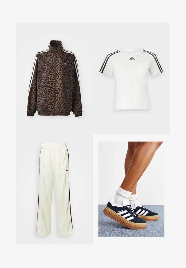 Svetřík se zebrovaným potiskem v hnědé a černé barvě, s bílými postranními pruhy, vysokým límcem a elastickými manžetami a lemem. Hladký syntetický materiál.; Bílý sportovní triko s krátkým rukávem, s černým třemi pruhy na ramenou, hladkou texturou a malým černým logem adidas na hrudi.; Krémové tepláky s uvolněným střihem, se šněrováním v tmavě hnědé barvě na bocích a vyšitým logem na levém stehně.; Černé semišové tenisky s bílými pruhy a detaily, zaoblenou špičkou, podrážkou z gumy barvy žvýkačky, doplněné bílými žebrovanými ponožkami ke kotníkům.