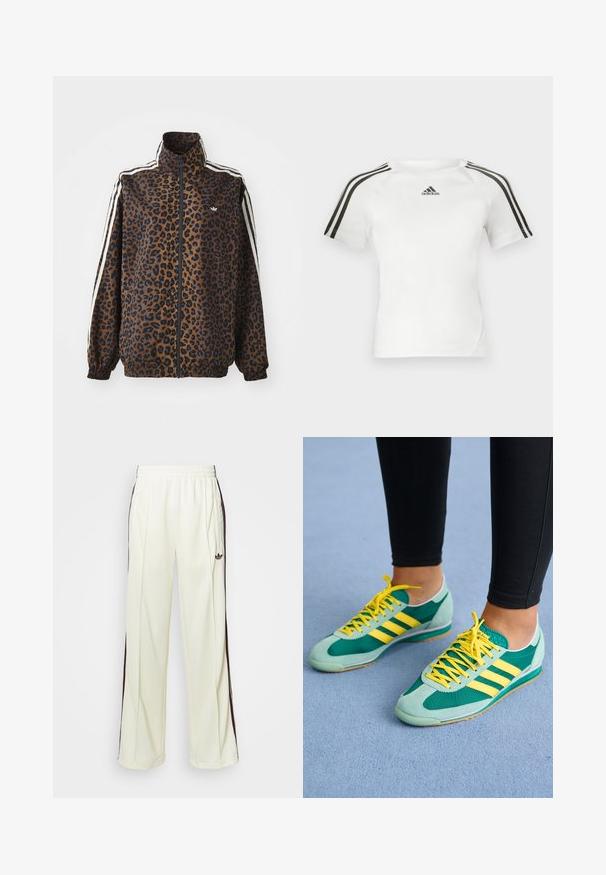 Jakna s uzorkom leoparda u smeđoj i crnoj boji, s bijelim bočnim trakama, visokim okovratnikom i elastičnim manžetama i rubom. Glatki, sintetički materijal.; Bijela atletska majica kratkih rukava s crnim trostrukim dizajnom na ramenima, glatke teksture i malim crnim adidas logom na prsima.; Kremaste trenerke s opuštenim krojem, s tamno smešnim bočnim prugama i izvezenim logom na levom bedru.; Zelene i tirkizne sportske tenisice s žutim vezicama i tri žute pruge. Izrađene od suede i mrežastih materijala, s gumenim potplatima i dizajnom niskog profila.