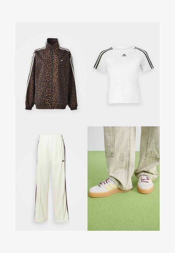 Leopard print zip jacket in brown and black, featuring white side stripes, high collar, and elastic cuffs and hem. Smooth, synthetic material.; White short-sleeve athletic shirt with black three-stripe design on shoulders, smooth texture, and a small black adidas logo on the chest.; Cream-colored sweatpants with a relaxed fit, featuring dark brown side stripes and an embroidered logo on the left thigh.; Sneakers feature a light gray suede upper, three yellow stripes, and multicolored laces. Rubber gum sole for traction. Worn with light khaki pants.
