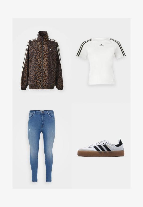 Lepardmønstret zip-jakke i brun og sort, med hvide sidelister, høj krave og elastiske manchetter og kant. Glat, syntetisk materiale.; Hvit kortermet treningstrøye med svart tre-stripes design på skuldrene, glatt tekstur, og en liten svart adidas-logo på brystet.; Tynne jeans i lys blå denim, med høy midje, fem lommer, subtile slitte detaljer og en glatt tekstur.; Hvite lær sneakers med svarte striper, gummisåle, rund tå, snøring, og myk grå semsket tåhette.