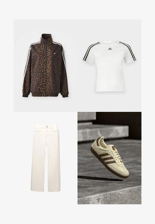 Leopardmönstrad zipjacka i brunt och svart, med vita sidostråk, hög krage och elastiska muddar och nederkant. Slätt, syntetiskt material.; Vit kortärmad träningsskjorta med svart tre-stripes design på axlarna, slät textur och en liten svart adidas-logotyp på bröstet.; Vita vida byxor i denim med fem fickor, dragkedja och knappstängning. Tyget har en subtil struktur och minimal sömnad.; Kritfärgad sneaker med bruna detaljer, strukturerade sidostrippar och en slät läderfinish. Har snörning och gummisula.