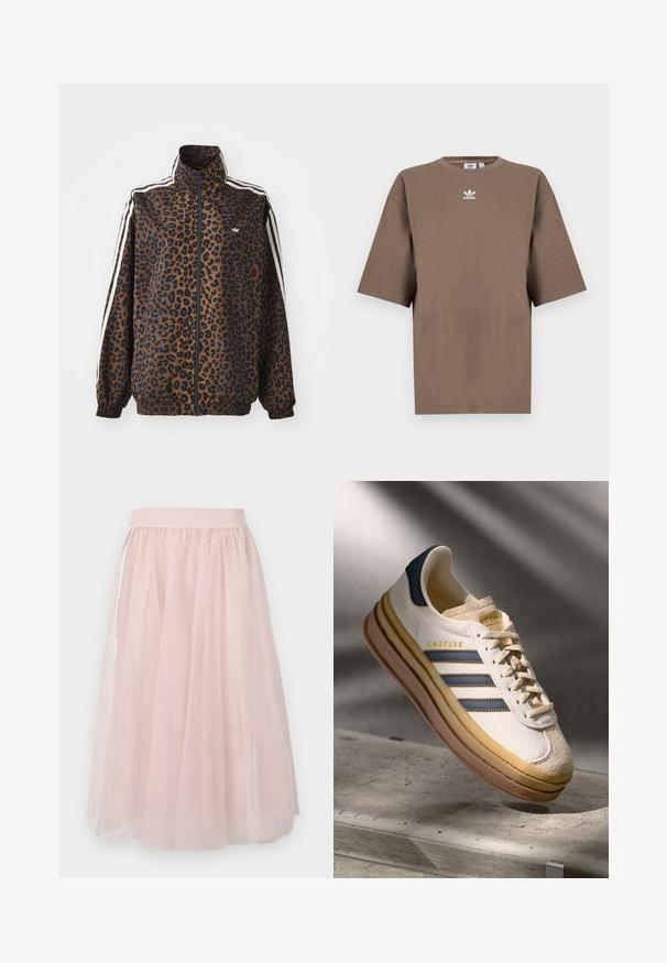 Leopardmönstrad zipjacka i brunt och svart, med vita sidostråk, hög krage och elastiska muddar och nederkant. Slätt, syntetiskt material.; Brun bomull t-shirt med kort ärm, rund halsringning och vit Adidas-logotyp centrerad på bröstet, med en enkel design och avslappnad passform.; Ljusrosa tyllkjol med en mjuk, flödande design. Har resår i midjan och en delikat genomskinlig textur, lämplig för lager-på-lager-stil.; Adidas Gazelle-sneaker med en överdel i creamfärgad mocka, blå läderdetaljer, tre blå ränder, en beige mellansula och en brun gummisula.