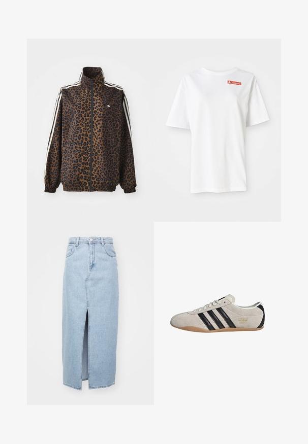 Leopard print zip jacket in brown and black, featuring white side stripes, high collar, and elastic cuffs and hem. Smooth, synthetic material.; White cotton t-shirt with short sleeves and a round neckline, featuring a small red Columbia logo on the left chest area.; Light blue denim skirt featuring a front slit, belt loops, and classic five-pocket design. Smooth texture with a clean finish.; Suede sneaker with a gray upper, black stripes, and a gum rubber sole. Features a lace-up closure and a gold logo detail on the side.