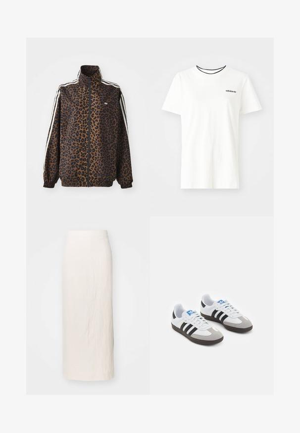 Giacca zip con stampa leopardata in marrone e nero, con strisce bianche ai lati, colletto alto e polsi e orlo elasticizzati. Materiale sintetico liscio.; T-shirt bianca in cotone con maniche corte e scollatura rotonda. Presenta un logo Adidas nero sul petto e un colletto interno a contrasto nero.; Gonna in lino color crema con silhouette dritta, lunga fino al ginocchio. Presenta una vita pulita e una texture sottile. Nessun hardware o dettagli visibili.; Scarpe sportive con tomaia in pelle bianca, punta in suede grigia e tre strisce nere. Presentano un logo blu sulla linguetta e una suola in gomma testurizzata.