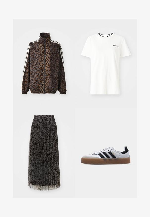 Hnedá a čierna mikina so zipsom s leopardím vzorom, ktorá má biele bočné pruhy, vysoký golier a elastické manžety a spodný lem. Hladký syntetický materiál.; Biela bavlnená tričko s krátkymi rukávmi a okrúhlym výstrihom. Obsahuje čierne logo Adidas na hrudi a kontrastný čierny vnútorný golier.; Preglenená maxi sukňa z čierneho tylu s leopardím vzorom. Obsahuje elastický pás a polopriehľadnú štruktúru.; Biele kožené tenisky s čiernymi pruhmi, gumová podrážka, okrúhla špička, šnurovanie a mäkký sivý semišový špička.