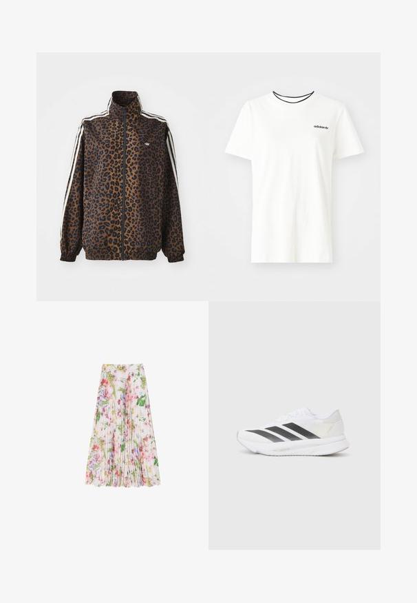 Kamelikuvioinen vetoketjuntakki ruskeana ja mustana, jossa on valkoiset sivuraitat, korkea kaulus sekä joustavat hihansuut ja helma. Sileä, synteettinen materiaali.; Valkoinen puuvillainen t-paita lyhyillä hihoilla ja pyöreällä kaula-aukolla. Rinnassa musta Adidas-logo ja erottuva musta sisäkaulus.; Kukkakuosiset laskostetut hameet kevyistä kankaista, joissa on sekoitus vaaleanpunaista, vihreää ja purppuraa. Hame ulottuu polven alapuolelle ja siinä on kerätty vyötärö.; Valkoinen urheilukenkä, jossa on mustat viistot raidat, verkkosukka, pyöreä kärki ja teksturoitu pohja. Koristeina ovat hopeinen kantapää ja minimalistinen muotoilu.