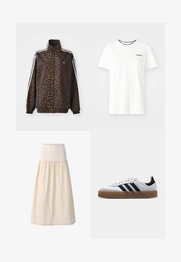Giacca zip con stampa leopardata in marrone e nero, con strisce bianche ai lati, colletto alto e polsi e orlo elasticizzati. Materiale sintetico liscio.; T-shirt bianca in cotone con maniche corte e scollatura rotonda. Presenta un logo Adidas nero sul petto e un colletto interno a contrasto nero.; Gonna beige di lunghezza media con ampia fascia elastica in vita e tessuto arricciato e fluido. Texture liscia con un aspetto morbido e leggero.; Sneakers bianchi in pelle con strisce nere, suola in gomma naturale, punta tonda, chiusura con lacci e cappuccio in suede grigio morbido.