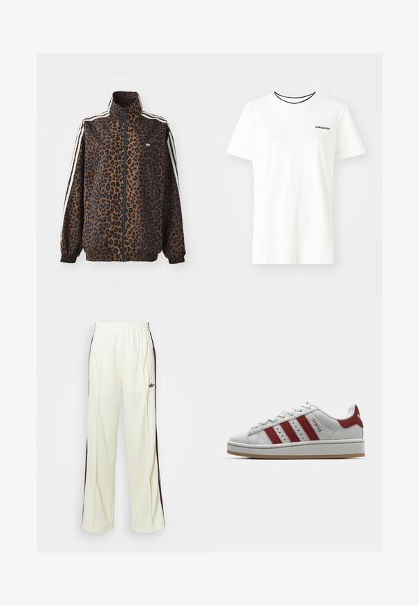 Leopard print zip jacket in brown and black, featuring white side stripes, high collar, and elastic cuffs and hem. Smooth, synthetic material.; White cotton t-shirt with short sleeves and a round neckline. Features a black Adidas logo on the chest and a contrasting black inner collar.; Cream-colored sweatpants with a relaxed fit, featuring dark brown side stripes and an embroidered logo on the left thigh.; White suede sneaker with three red stripes, round toe, flat sole, and cushioned collar. Features "CAMPUS" text on the side.