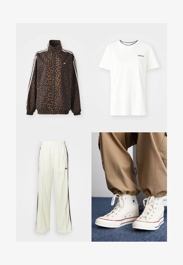 Giacca zip con stampa leopardata in marrone e nero, con strisce bianche ai lati, colletto alto e polsi e orlo elasticizzati. Materiale sintetico liscio.; T-shirt bianca in cotone con maniche corte e scollatura rotonda. Presenta un logo Adidas nero sul petto e un colletto interno a contrasto nero.; Pantaloni sportivi color crema con vestibilità rilassata, caratterizzati da strisce laterali marrone scuro e un logo ricamato sulla coscia sinistra.; Sneakers bianchi alte in tela con suola in gomma, caratterizzate da un logo a stella nera e accenti di strisce rosse e blu navy.