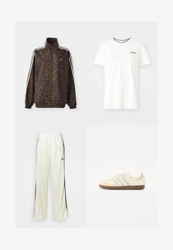 Jakna s uzorkom leoparda u smeđoj i crnoj boji, s bijelim bočnim trakama, visokim okovratnikom i elastičnim manžetama i rubom. Glatki, sintetički materijal.; Bijela pamučna majica kratkih rukava s okruglim izrezom. Ima crni Adidas logo na prsima i kontrastnu crnu unutrašnju ovratniku.; Kremaste trenerke s opuštenim krojem, s tamno smešnim bočnim prugama i izvezenim logom na levom bedru.; Tenisice s gornjim dijelom od krem kožne kože, svijetloplavim trakama i breskvastim akcentima. Imaju teksturiranu smeđu gumenu potplat i minimalistički dizajn.