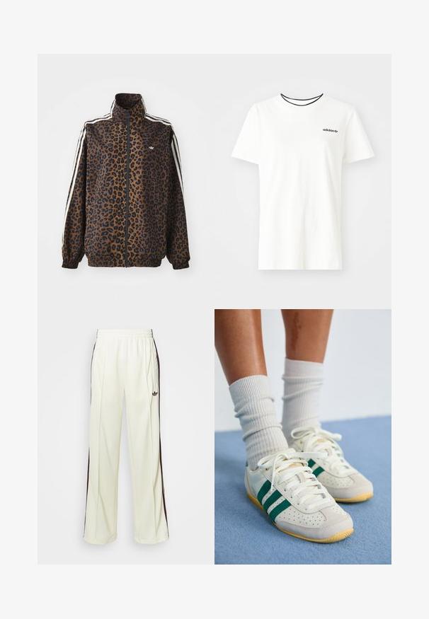 Kurtka zapinana na zamek w panterkę w odcieniach brązu i czerni, z białymi paskami po bokach, wysokim kołnierzem oraz elastycznymi mankietami i dołem. Gładki, syntetyczny materiał.; Biała bawełniana koszulka z krótkim rękawem i okrągłym dekoltem. Ma czarne logo Adidas na piersi oraz kontrastowy czarny wewnętrzny kołnierzyk.; Kremowe dresy o luźnym kroju, z ciemnobrązowymi paskami po bokach i wyhaftowanym logo na lewej udzie.; Białe sneakersy z zielonymi paskami, perforowanymi zamszowymi akcentami, płaskimi sznurowadłami i teksturowaną gumową podeszwą, w połączeniu z kremowymi skarpetami w prążki.