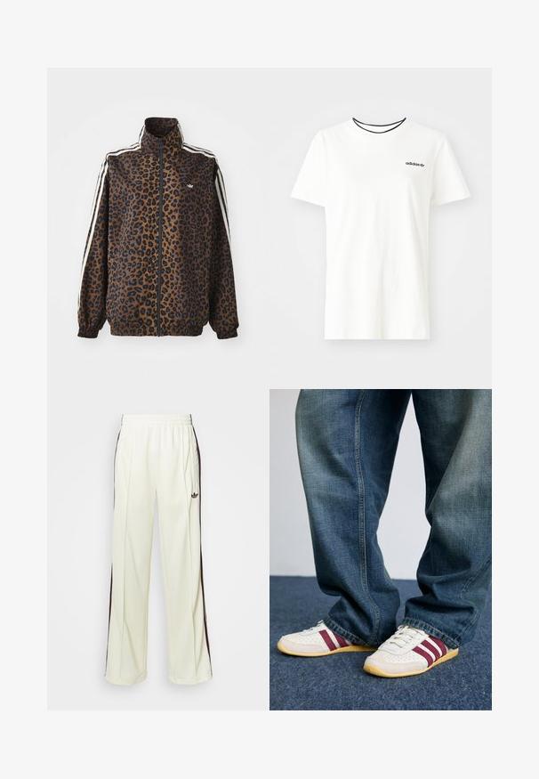 Leopard print zip jacket in brown and black, featuring white side stripes, high collar, and elastic cuffs and hem. Smooth, synthetic material.; White cotton t-shirt with short sleeves and a round neckline. Features a black Adidas logo on the chest and a contrasting black inner collar.; Cream-colored sweatpants with a relaxed fit, featuring dark brown side stripes and an embroidered logo on the left thigh.; White sneakers with maroon stripes, textured leather and mesh, paired with loose-fitting blue denim jeans. Soft rubber soles, casual style.