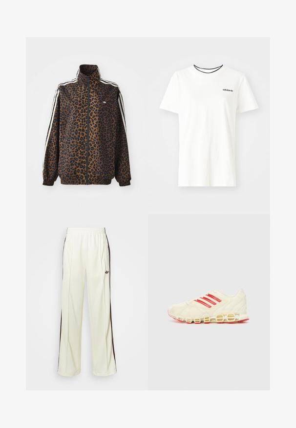 Jakna s uzorkom leoparda u smeđoj i crnoj boji, s bijelim bočnim trakama, visokim okovratnikom i elastičnim manžetama i rubom. Glatki, sintetički materijal.; Bijela pamučna majica kratkih rukava s okruglim izrezom. Ima crni Adidas logo na prsima i kontrastnu crnu unutrašnju ovratniku.; Kremaste trenerke s opuštenim krojem, s tamno smešnim bočnim prugama i izvezenim logom na levom bedru.; Sportska obuća s kremasto bijelim gornjim dijelom, crvenim trakama sa strane i prepoznatljivom potplatom s petljom; mrežasti materijal osigurava prozračnost.