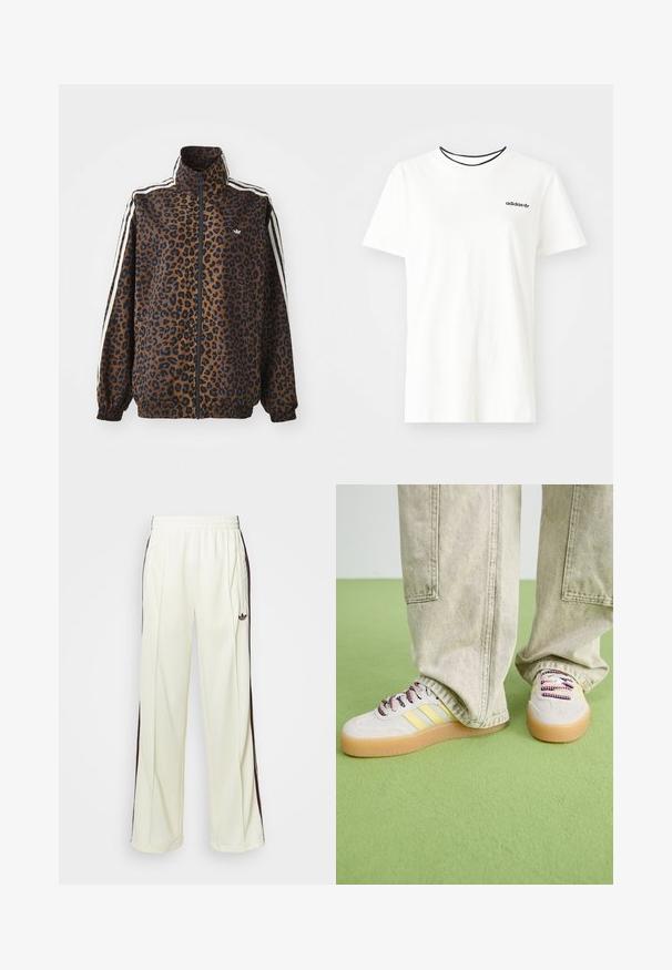 Svetřík se zebrovaným potiskem v hnědé a černé barvě, s bílými postranními pruhy, vysokým límcem a elastickými manžetami a lemem. Hladký syntetický materiál.; Bílý bavlněný tričko s krátkými rukávy a kulatým výstřihem. Má černé logo Adidas na hrudi a kontrastní černý vnitřní límeček.; Krémové tepláky s uvolněným střihem, se šněrováním v tmavě hnědé barvě na bocích a vyšitým logem na levém stehně.; Tenisky mají světle šedý semišový svršek, tři žluté pruhy a vícero barevných tkaniček. Gumová podrážka pro trakci. Noseny s světlými khaki kalhotami.