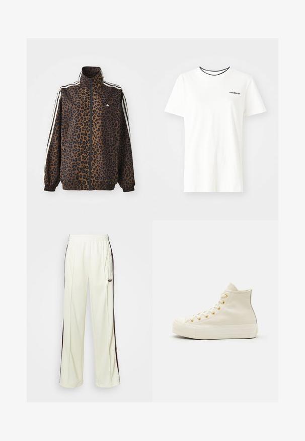 Kurtka zapinana na zamek w panterkę w odcieniach brązu i czerni, z białymi paskami po bokach, wysokim kołnierzem oraz elastycznymi mankietami i dołem. Gładki, syntetyczny materiał.; Biała bawełniana koszulka z krótkim rękawem i okrągłym dekoltem. Ma czarne logo Adidas na piersi oraz kontrastowy czarny wewnętrzny kołnierzyk.; Kremowe dresy o luźnym kroju, z ciemnobrązowymi paskami po bokach i wyhaftowanym logo na lewej udzie.; Wysokie sneakersy z kremowej skóry z złotymi oczkami i teksturowanym wykończeniem. Posiadają gumową podeszwę oraz zaokrąglony czubek.