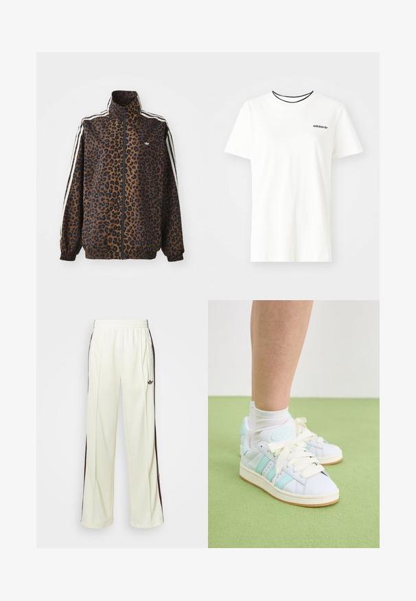 Casaco com padrão de leopardo em castanho e preto, apresentando riscas brancas nas laterais, gola alta e punhos e bainha elásticos. Material sintético suave.; T-shirt de algodão branca com mangas curtas e decote redondo. Apresenta um logo preto da Adidas no peito e uma gola interna preta em contraste.; Calças de moletom de cor creme com um ajuste descontraído, apresentando riscas laterais castanhas-escuras e um logótipo bordado na coxa esquerda.; Tênis brancos de couro com detalhes em menta, logótipo redondo e atacadores creme; sola de borracha texturizada; combinados com meias brancas num piso verde.