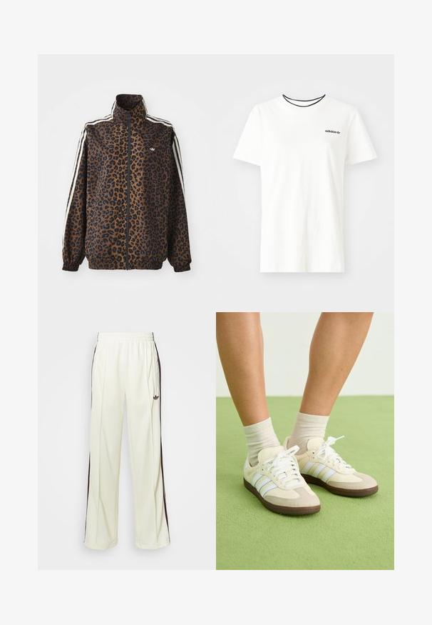 Jakna na zipp z leopardjim vzorcem v rjavi in črni barvi, z belimi stranskimi črtami, visokim ovratnikom ter elastičnimi manšetami in robom. Gladek sintetičen material.; Bela bomba majica iz bombaža s kratkimi rokavi in okroglim izrezom. Ima črni Adidas logotip na prsih ter kontrastni črni notranji ovratnik.; Kremne hlače za treniranje s sproščenim krojem, ki imajo temno rjave stranske črte in vezeno logo na levem stegnu.; Samba teniske s kremno-bež barvno shemo, ki imajo tri svetlo modre črte, bele vezalke in rjave gumijaste podplate.