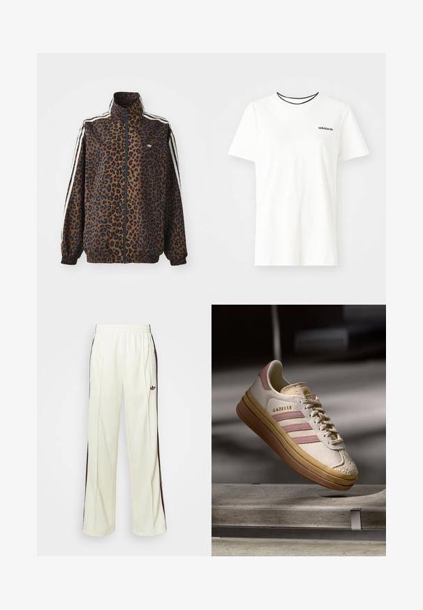 Kurtka zapinana na zamek w panterkę w odcieniach brązu i czerni, z białymi paskami po bokach, wysokim kołnierzem oraz elastycznymi mankietami i dołem. Gładki, syntetyczny materiał.; Biała bawełniana koszulka z krótkim rękawem i okrągłym dekoltem. Ma czarne logo Adidas na piersi oraz kontrastowy czarny wewnętrzny kołnierzyk.; Kremowe dresy o luźnym kroju, z ciemnobrązowymi paskami po bokach i wyhaftowanym logo na lewej udzie.; Białe zamszowe trampki z różowymi akcentami, z trzema paskami i złotym logo. Teksturowany czubek i brązowa gumowa podeszwa. Klasyczny design.