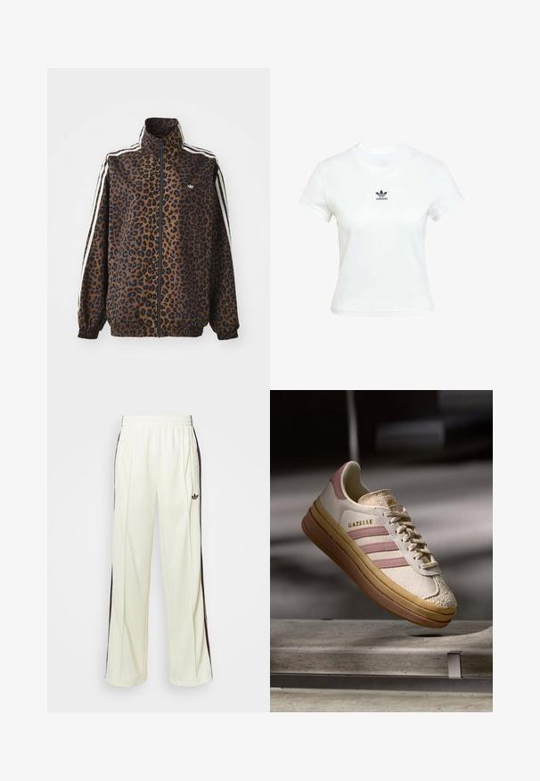 Leopard print zip jacket in brown and black, featuring white side stripes, high collar, and elastic cuffs and hem. Smooth, synthetic material.; White cotton t-shirt with short sleeves and a crew neckline. Features a black Adidas logo printed on the chest. Simple, minimal design.; Cream-colored sweatpants with a relaxed fit, featuring dark brown side stripes and an embroidered logo on the left thigh.; White suede sneaker with pink accents, featuring three stripes and a gold logo. Textured toe cap and a brown rubber sole. Classic design.