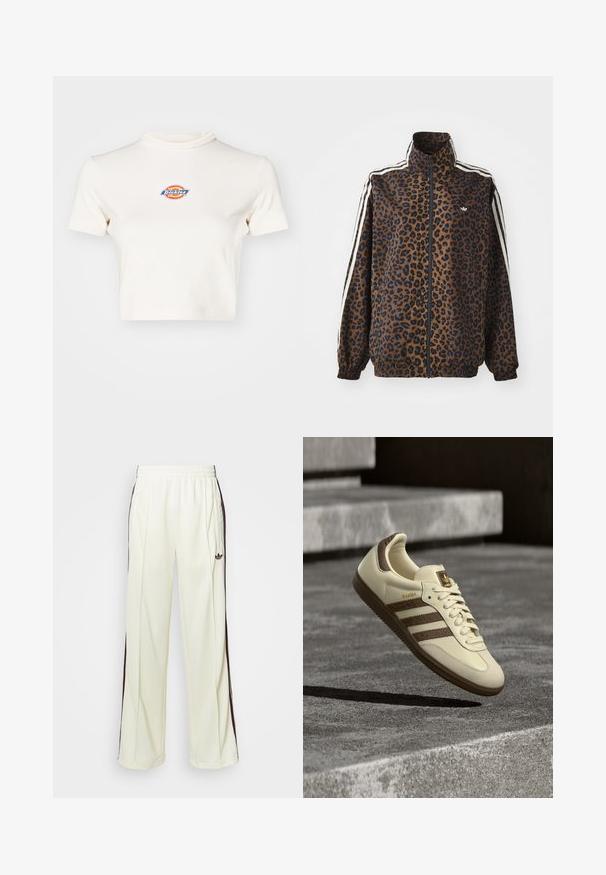 Leopardmönstrad zipjacka i brunt och svart, med vita sidostråk, hög krage och elastiska muddar och nederkant. Slätt, syntetiskt material.; Krämmfärgad kortärmad t-shirt med hög halsringning och en cirkulär logotyp med "Dickies" i blått, rött och gult.; Krämfärgade sweatpants med avslappnad passform, som har mörkbruna sidosträck och en broderad logotyp på vänster lår.; Kritfärgad sneaker med bruna detaljer, strukturerade sidostrippar och en slät läderfinish. Har snörning och gummisula.