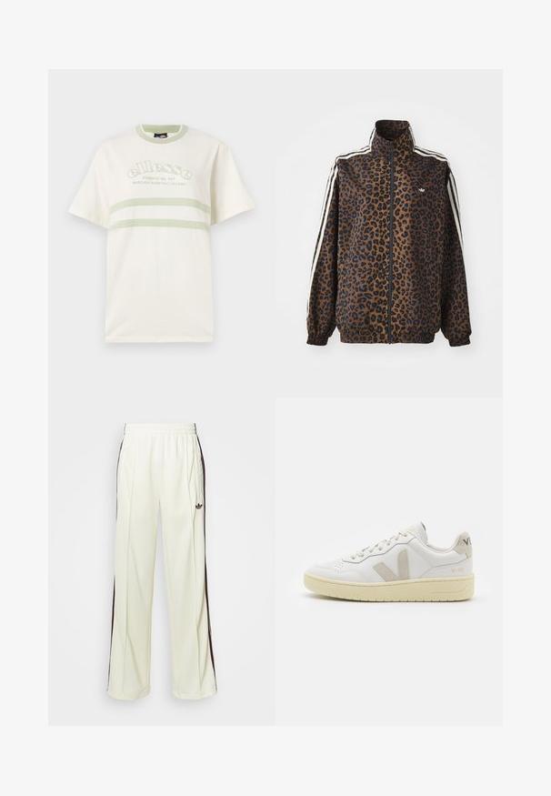 Casaco com padrão de leopardo em castanho e preto, apresentando riscas brancas nas laterais, gola alta e punhos e bainha elásticos. Material sintético suave.; T-shirt de algodão em tom creme com decote redondo, mangas curtas e riscas verdes. Apresenta um logótipo bordado na frente.; Calças de moletom de cor creme com um ajuste descontraído, apresentando riscas laterais castanhas-escuras e um logótipo bordado na coxa esquerda.; Sapatilha de couro branca com detalhes em camurça bege, biqueira perfurada, atacadores planos e sola texturizada creme. Apresenta uma marcação subtil no calcanhar.