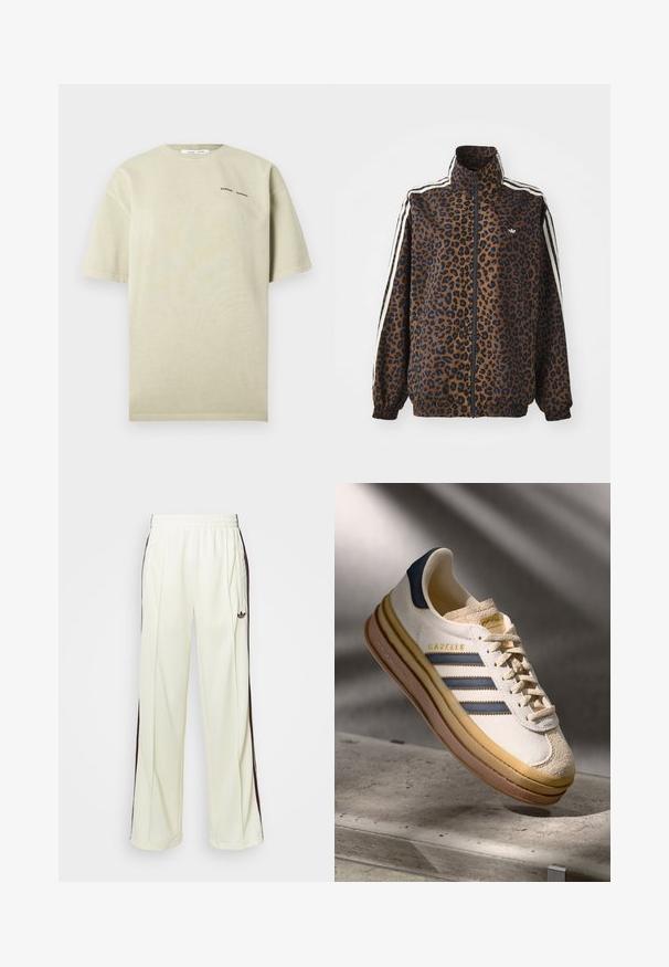 Leopardenmuster-Reißverschlussjacke in Braun und Schwarz, mit weißen Seitenstreifen, hohem Kragen und elastischen Bündchen und Saum. Glattes, synthetisches Material.; Hellbeiges, übergroßes T-Shirt aus weicher Baumwolle. Verfügt über kurze Ärmel, einen Rundhalsausschnitt und ein kleines schwarzes Textlogo auf der Vorderseite.; Cremfarbene Jogginghosen mit lockerer Passform, ausgestattet mit dunkelbraunen seitlichen Streifen und einem gestickten Logo auf dem linken Oberschenkel.; Adidas Gazelle Sneaker mit einem Obermaterial aus cremefarbenem Wildleder, blauen Lederakzenten, drei blauen Streifen, beiger Zwischensohle und brauner Gummisohle.