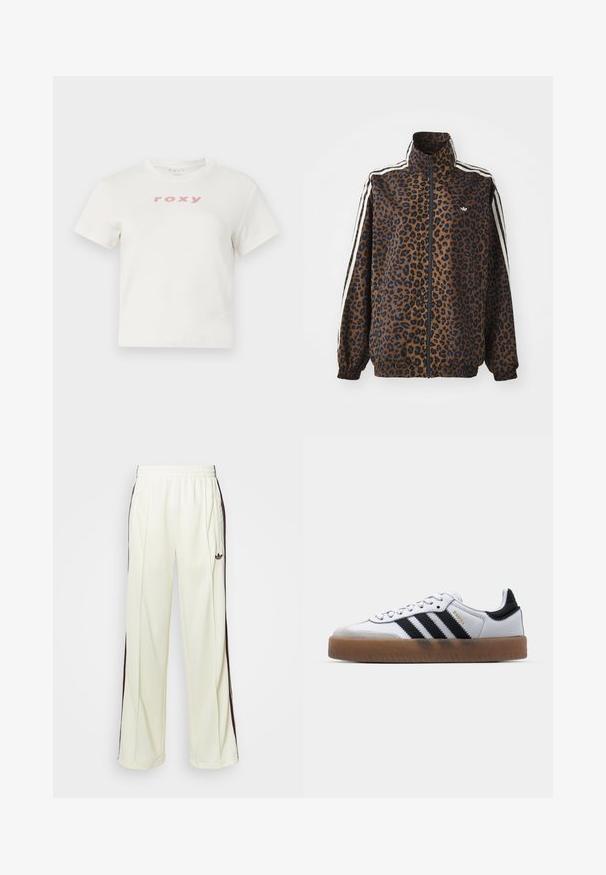 Leopard print zip jacket in brown and black, featuring white side stripes, high collar, and elastic cuffs and hem. Smooth, synthetic material.; White cotton t-shirt with short sleeves and a crew neckline, featuring a pink logo "roxy" printed on the front. Regular fit design.; Cream-colored sweatpants with a relaxed fit, featuring dark brown side stripes and an embroidered logo on the left thigh.; White leather sneakers with black stripes, gum rubber outsole, round toe, lace-up closure, and soft gray suede toe cap.