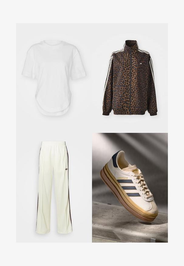 Jakkesæt med leopardprint i brun og sort, med hvide side-striber, høj krave og elastiske ærmer og kant. Glat syntetisk materiale.; Hvid bomulds T-shirt med rund halsudskæring, korte ærmer og buet kant. Glat tekstur uden mønstre eller detaljer.; Cremefarvede sweatpants med en afslappet pasform, der har mørkebrune sidelister og et broderet logo på venstre lår.; Adidas Gazelle sneaker med en creme farvet ruskindsoverdel, blå læderdetaljer, tre blå striber, beige mellemsål og brune gummisål.