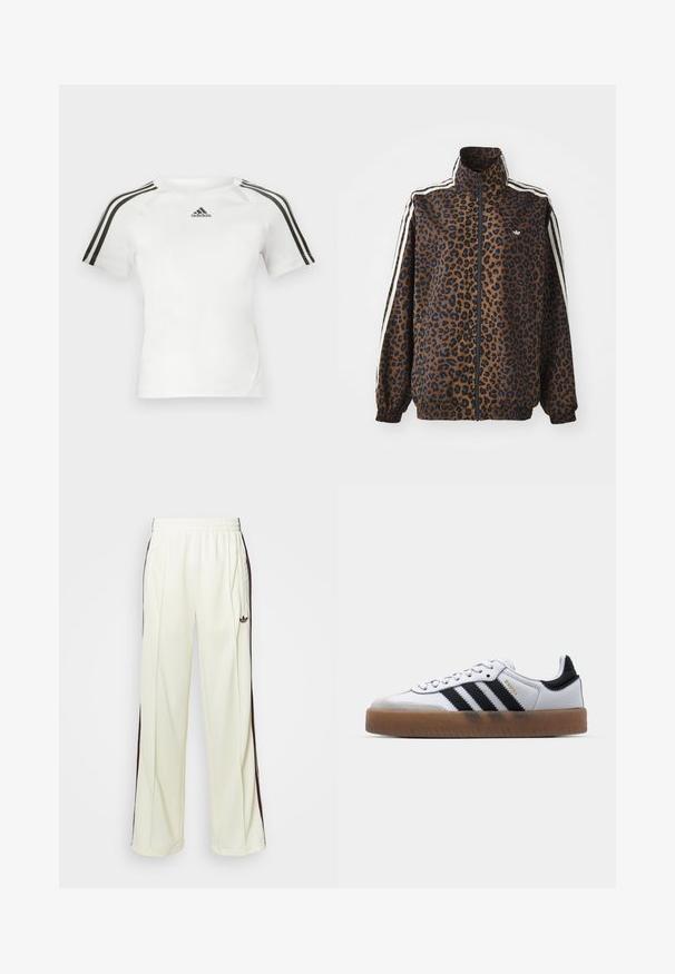 Lepardmønstret zip-jakke i brun og sort, med hvide sidelister, høj krave og elastiske manchetter og kant. Glat, syntetisk materiale.; Hvit kortermet treningstrøye med svart tre-stripes design på skuldrene, glatt tekstur, og en liten svart adidas-logo på brystet.; Kremfargede joggebukser med en avslappet passform, som har mørkebrune sidestriper og en brodert logo på venstre lår.; Hvite lær sneakers med svarte striper, gummisåle, rund tå, snøring, og myk grå semsket tåhette.