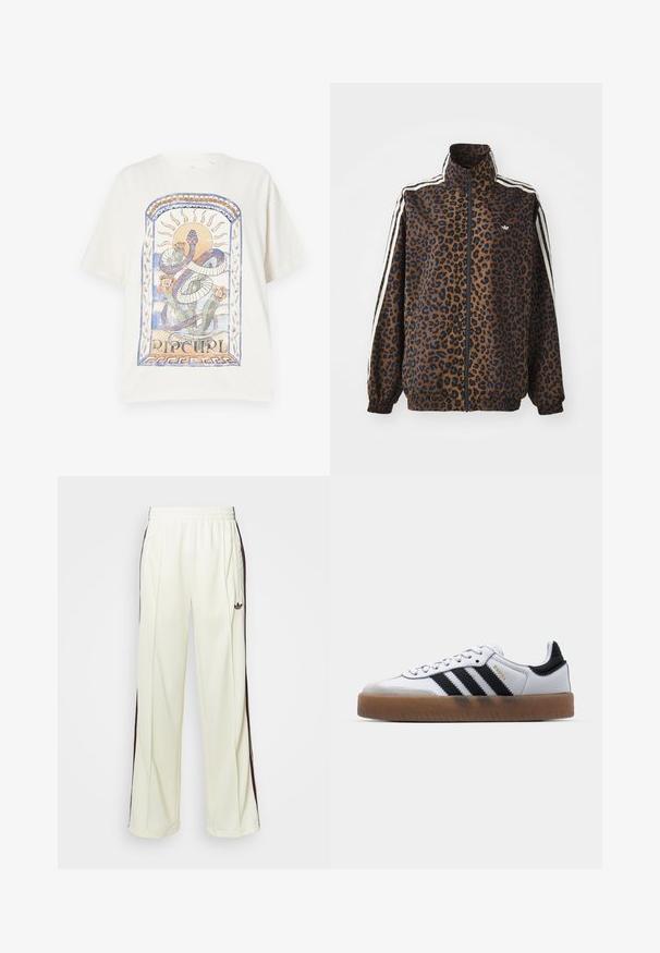 Svetřík se zebrovaným potiskem v hnědé a černé barvě, s bílými postranními pruhy, vysokým límcem a elastickými manžetami a lemem. Hladký syntetický materiál.; Krémové bavlněné tričko s barevným grafickým designem hada, slunce a květin v modrých a oranžových tónech, s nápisem "RIP CURL."; Krémové tepláky s uvolněným střihem, se šněrováním v tmavě hnědé barvě na bocích a vyšitým logem na levém stehně.; Bílé kožené tenisky s černými pruhy, gumová podrážka, kulatá špička, šněrovací uzávěr a měkký šedý semišový kryt špičky.