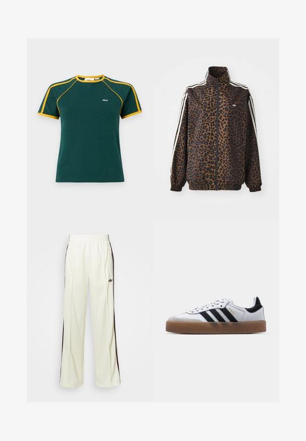 Leopard print zip jacket in brown and black, featuring white side stripes, high collar, and elastic cuffs and hem. Smooth, synthetic material.; Green cotton t-shirt with yellow accents on the collar and sleeves, featuring a small white logo on the chest, and a classic crew neck design.; Cream-colored sweatpants with a relaxed fit, featuring dark brown side stripes and an embroidered logo on the left thigh.; White leather sneakers with black stripes, gum rubber outsole, round toe, lace-up closure, and soft gray suede toe cap.
