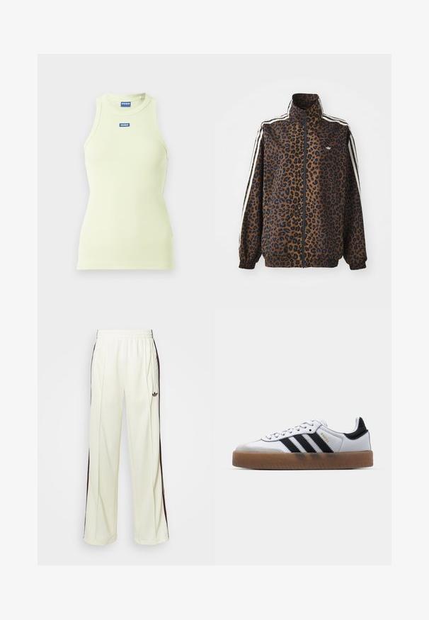 Leopard print zip jacket in brown and black, featuring white side stripes, high collar, and elastic cuffs and hem. Smooth, synthetic material.; Light yellow ribbed tank top with a slim fit, featuring a round neckline and a small blue logo label at the center. No sleeves.; Cream-colored sweatpants with a relaxed fit, featuring dark brown side stripes and an embroidered logo on the left thigh.; White leather sneakers with black stripes, gum rubber outsole, round toe, lace-up closure, and soft gray suede toe cap.