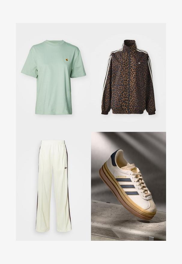 Jakkesæt med leopardprint i brun og sort, med hvide side-striber, høj krave og elastiske ærmer og kant. Glat syntetisk materiale.; Mintgrønne bomulds T-shirt med rund hals, korte ærmer og et lille broderet logo på brystet. Blød tekstur og afslappet pasform.; Cremefarvede sweatpants med en afslappet pasform, der har mørkebrune sidelister og et broderet logo på venstre lår.; Adidas Gazelle sneaker med en creme farvet ruskindsoverdel, blå læderdetaljer, tre blå striber, beige mellemsål og brune gummisål.