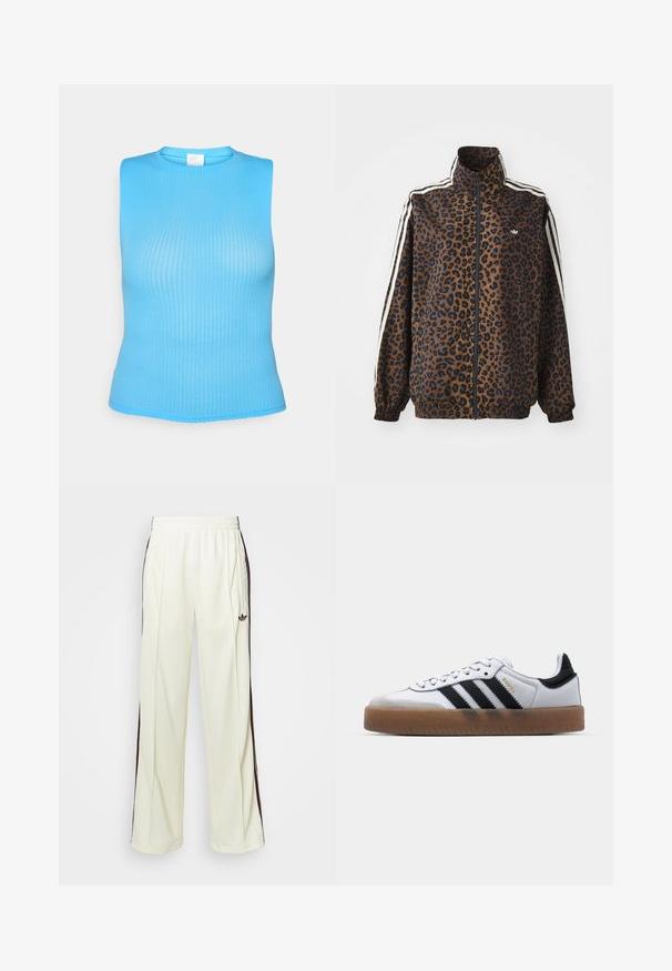Giacca zip con stampa leopardata in marrone e nero, con strisce bianche ai lati, colletto alto e polsi e orlo elasticizzati. Materiale sintetico liscio.; Top a coste, senza maniche, di un blu vivace. Texture liscia con scollatura rotonda e una vestibilità leggermente accorciata. Rifinito con un orlo pulito.; Pantaloni sportivi color crema con vestibilità rilassata, caratterizzati da strisce laterali marrone scuro e un logo ricamato sulla coscia sinistra.; Sneakers bianchi in pelle con strisce nere, suola in gomma naturale, punta tonda, chiusura con lacci e cappuccio in suede grigio morbido.