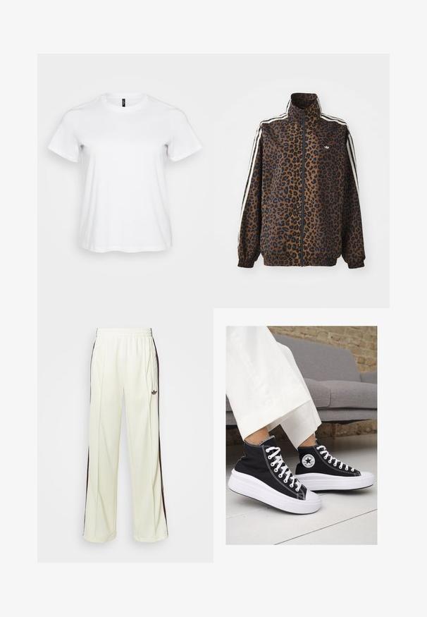 Kamelikuvioinen vetoketjuntakki ruskeana ja mustana, jossa on valkoiset sivuraitat, korkea kaulus sekä joustavat hihansuut ja helma. Sileä, synteettinen materiaali.; Valkoinen puuvillapaita, jossa on lyhyet hihat, pyöreä kaula-aukko ja rento istuvuus. Tasainen pinta ilman näkyviä kuvioita tai yksityiskohtia.; Kermanväriset collegehousut rentossa leikkauksessa, joissa on tummanruskeat sivuraidat ja brodattu logo vasemmassa reisissä.; Mustat kangaskengät korkealla varrella, joissa on valkoiset kumipohjat ja nauhat. Sivussa on pyöreä logo ja kontrastiväriset valkoiset tikkausommellut.