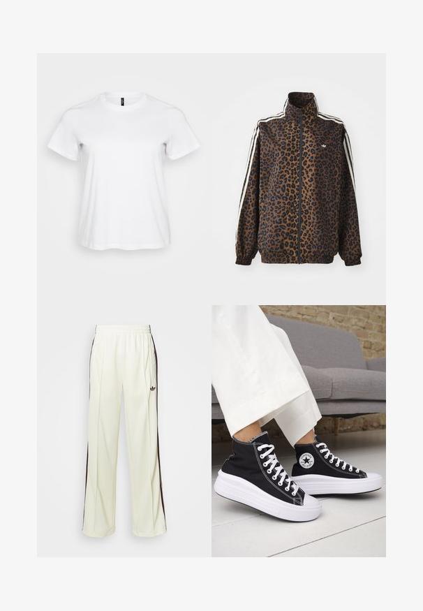 Leopard print zip jacket in brown and black, featuring white side stripes, high collar, and elastic cuffs and hem. Smooth, synthetic material.; White cotton t-shirt with short sleeves, round neckline, and a relaxed fit. Smooth texture with no visible patterns or accents.; Cream-colored sweatpants with a relaxed fit, featuring dark brown side stripes and an embroidered logo on the left thigh.; Black high-top sneakers with white rubber soles and laces. Features a round logo patch and contrasting white stitching. Canvas material.
