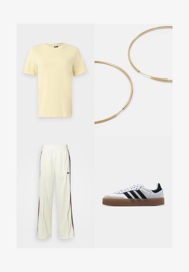 Jakkesæt med leopardprint i brun og sort, med hvide side-striber, høj krave og elastiske ærmer og kant. Glat syntetisk materiale.; Gul kortærmet T-shirt lavet af blødt bomuld med rund crew-halsudskæring, der har en glat tekstur og ingen synlige mønstre eller accenter.; Cremefarvede sweatpants med en afslappet pasform, der har mørkebrune sidelister og et broderet logo på venstre lår.; Hvide lædersneakers med sorte striber, gummirubber sål, rund tå, snørelukning og blød grå ruskinds tåhætte.; Guldfarvede hoops øreringe, tynde og runde i formen, med en glat metallisk finish uden udsmykninger eller mønstre.