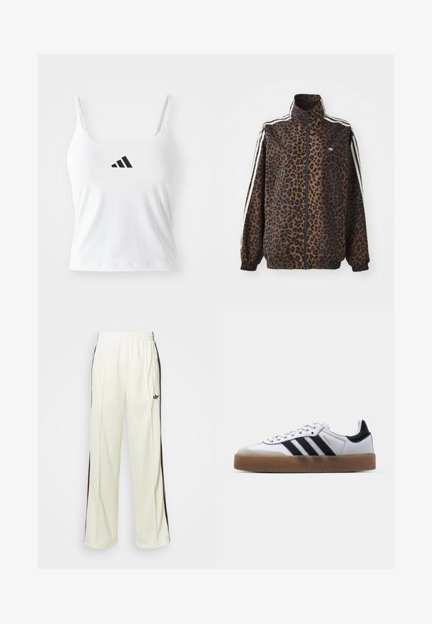 Chaqueta con estampado de leopardo en marrón y negro, con franjas laterales blancas, cuello alto y puños y dobladillo elásticos. Material sintético suave.; Top blanco de tirantes finos, con un logo negro de adidas en el frente. La tela tiene una textura suave y una silueta ajustada.; Pantalones de chándal color crema con un corte relajado, que cuentan con rayas laterales marrón oscuro y un logo bordado en el muslo izquierdo.; Zapatillas de cuero blancas con rayas negras, suela de goma, puntera redonda, cierre de cordones y caperuza de ante gris suave.