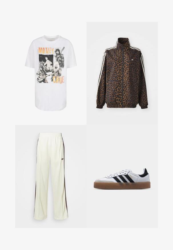Jasje met luipaardprint in bruin en zwart, met witte zijstrepen, hoge kraag en elastische manchetten en zoom. Gemaakt van glad, synthetisch materiaal.; Witte katoenen T-shirt met een vintage zwart-wit ontwerp featuring vier muzikanten en oranje tekst die "MÖTLEY CRÜE" spelt. Relaxed fit.; Crème-kleurige sweatpants met een relaxte pasvorm, voorzien van donkerbruine zijstrepen en een geborduurd logo op de linkerdij.; Witte leren sneakers met zwarte strepen, gumrubberen buitenzool, ronde neus, vetersluiting en een zachte grijze suède neuskap.